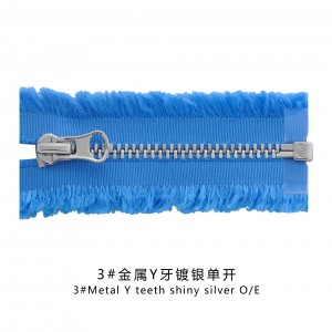 China Zíperes Fabricantes 3 # metal Y dentes zíper prata brilhante aberto