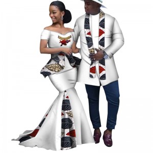 African Lovers Couple Clothes with Print Patchwork Dresses and Men’s Top Shirt WYQ253