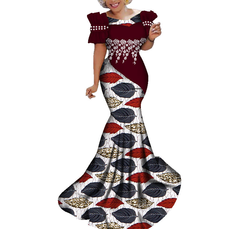 Fashion African Dress Women Long Party print with White Pearl Lace Flower WY284 Featured Image