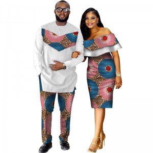 African  Clothing for Lovers Men Top Pant Set and Women Ruffle Sleeve Dress WYQ62