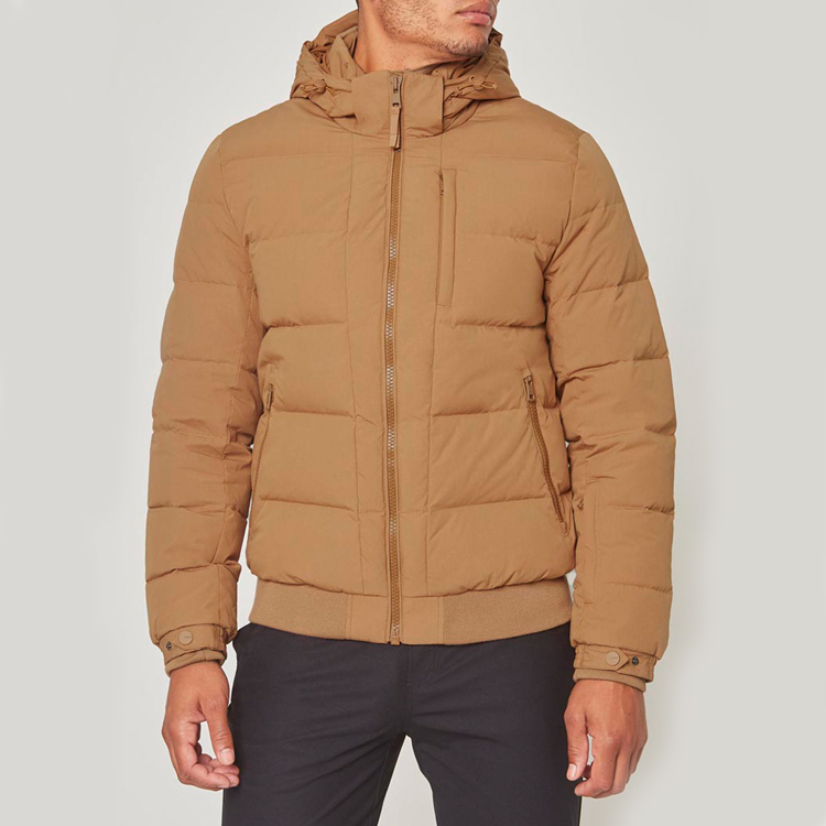 Moška zunanja lahka najlonska rjava zimska topla bombažno podložena jakna s kapuco Veleprodajna logotip po meri Predstavljena slika