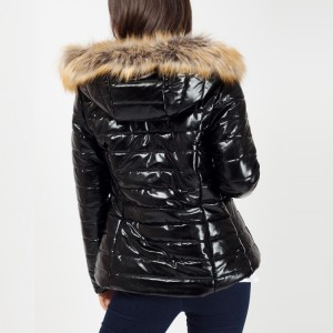 Custom Womens Shiny Down Jacket With Fur Hood Factory Whoelsale