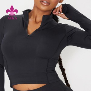 2021 høykvalitets kvinner polyester cropped langermet treningsstudio Sports T-skjorte Fitness glidelås topp