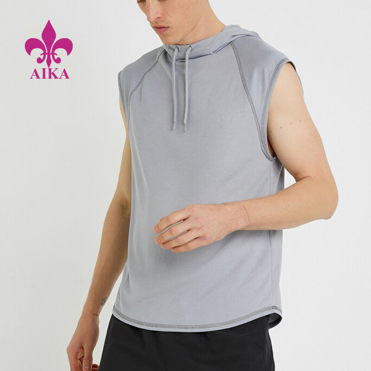 Door de fabriek geleverde sportbroek - Lichtgewicht, sneldrogend 100 polyester op maat gemaakte mouwloze gymtanktop voor heren met capuchon - AIKA