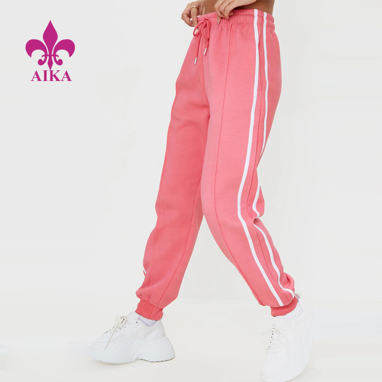 Rompi Yoga Pabrik Termurah - New Trendy Custom Logo Cotton Polyester Candy Pink Doubel Side Stripe Drawstring Waist Women Joggers – AIKA