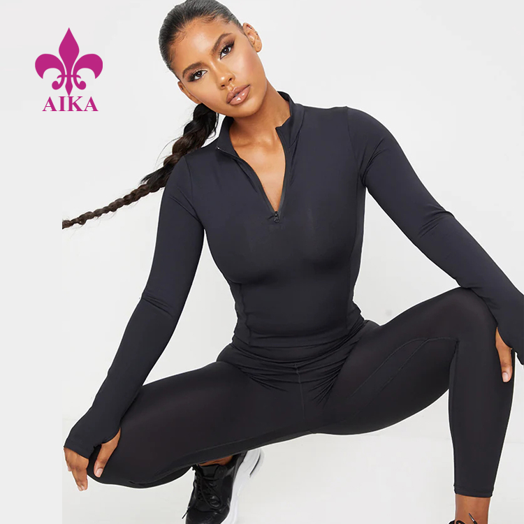 Kõrge mainega kohandatud dressid – 2021. aasta kvaliteetsed naiste polüestrist kärbitud pikkade varrukatega jõusaali spordi-T-särk Fitness lukuga top – AIKA