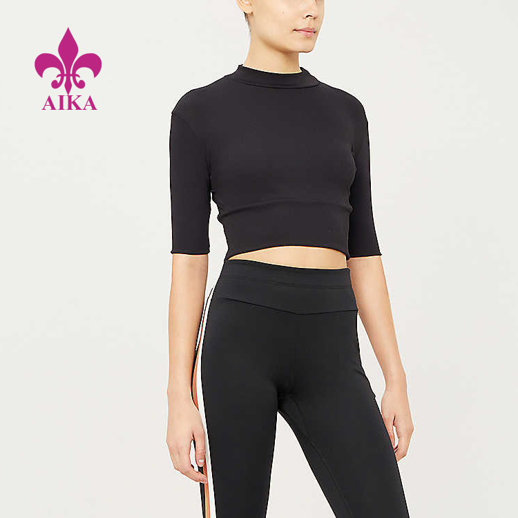 Obnovljivi dizajn za odjeću za jogu – visokokvalitetni prilagođeni rebrasti uzorak kratkih rukava Yoga Sports Crop Top – AIKA