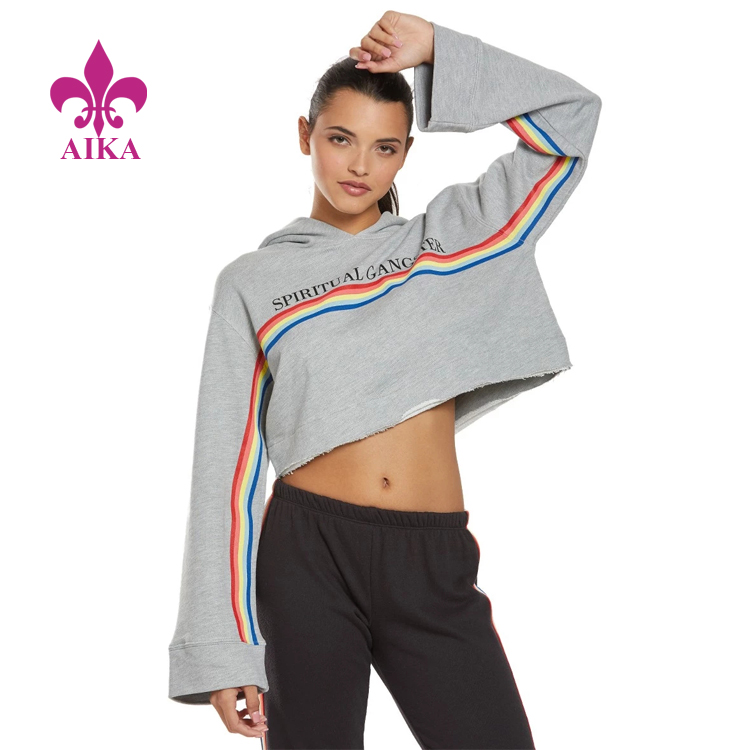 2021 New Style Wholesale Track Suits - Hot Sale Autumn Popular Oversize Rainbow Stripe Front Cropped Hoodie Women Sweatshirt – AIKA