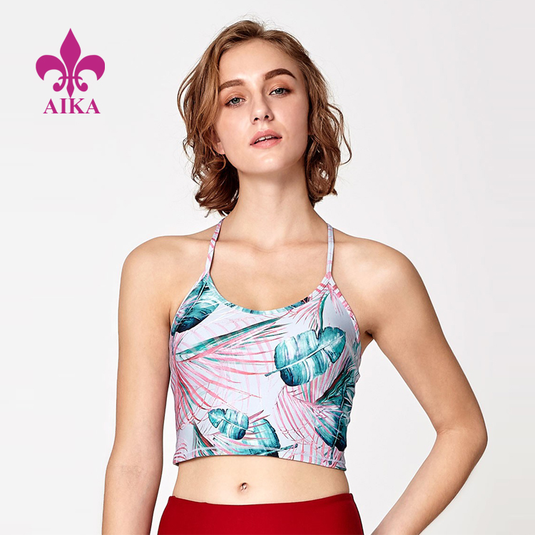 Elegantna ženska odjeća za jogu s cvjetnim printom s ukrštenim leđima Sportska skraćena majica bez rukava