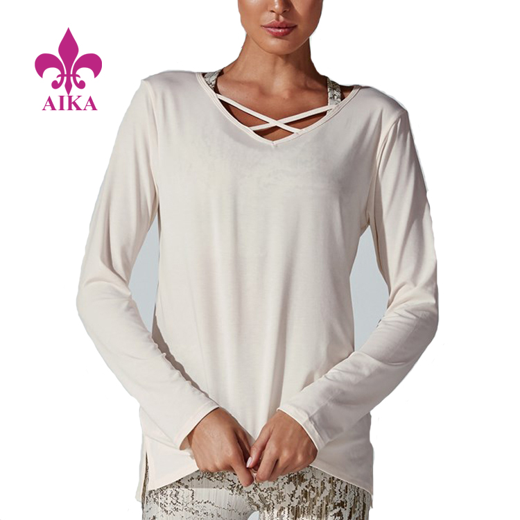 Jeftina veleprodajna prilagođena lagana ženska osnovna majica dugih rukava s križnim prednjim dijelom