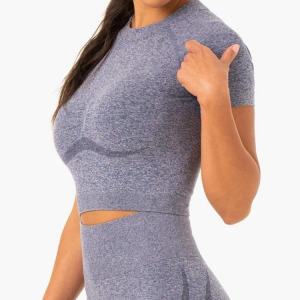 ใหม่ Body Building Seamless Slim Fit Gym Crop Top เสื้อยืดสำหรับผู้หญิง