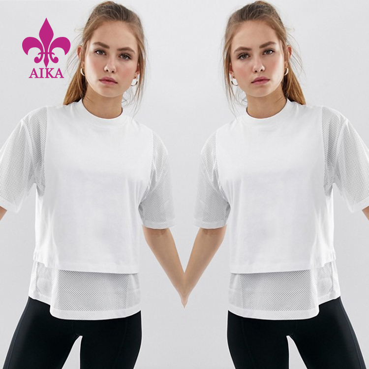 Высакаякасныя жаночыя белыя сеткаватыя гімнастычныя футболкі для трэніровак і бегу