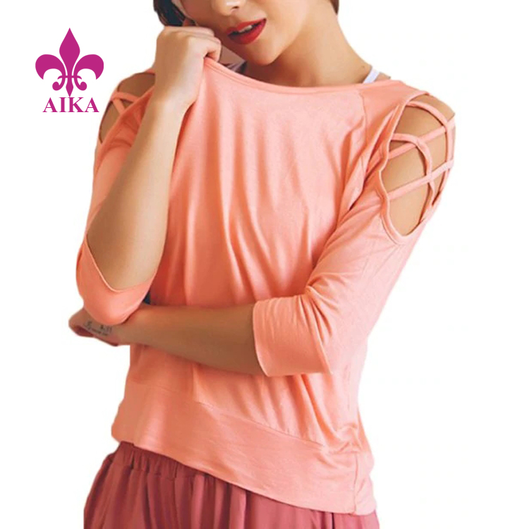 Μπλουζάκι New Fashion Design for Sports – Νέα άφιξη γυναικείο μπλουζάκι με μανίκι κούφια χαλαρή εφαρμογή 3/4 μανίκι κομψό και σέξι μπλουζάκι γιόγκα – AIKA