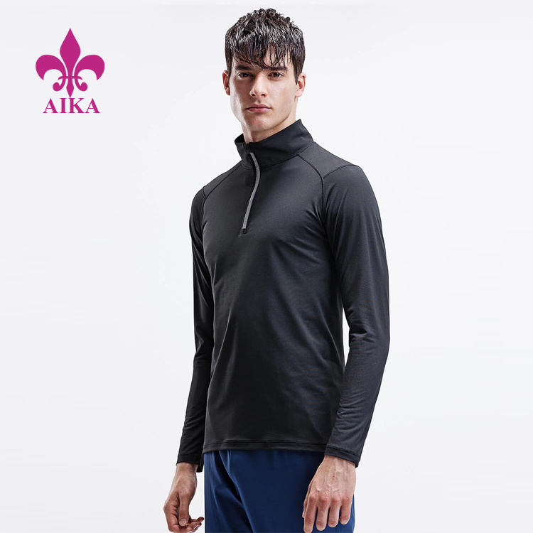 Men Sports Wear Polyester Absorb Sweat Stand Collar Half Zip Gym Long Sleeve Top