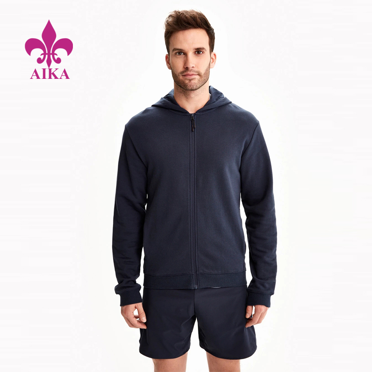 OEM/ODM dobavitelj fitnes pulover s kapuco na zadrgo – Veleprodajna aktivna oblačila po meri s strukturirano frotirno jakno s kapuco s polno zadrgo za moške – AIKA