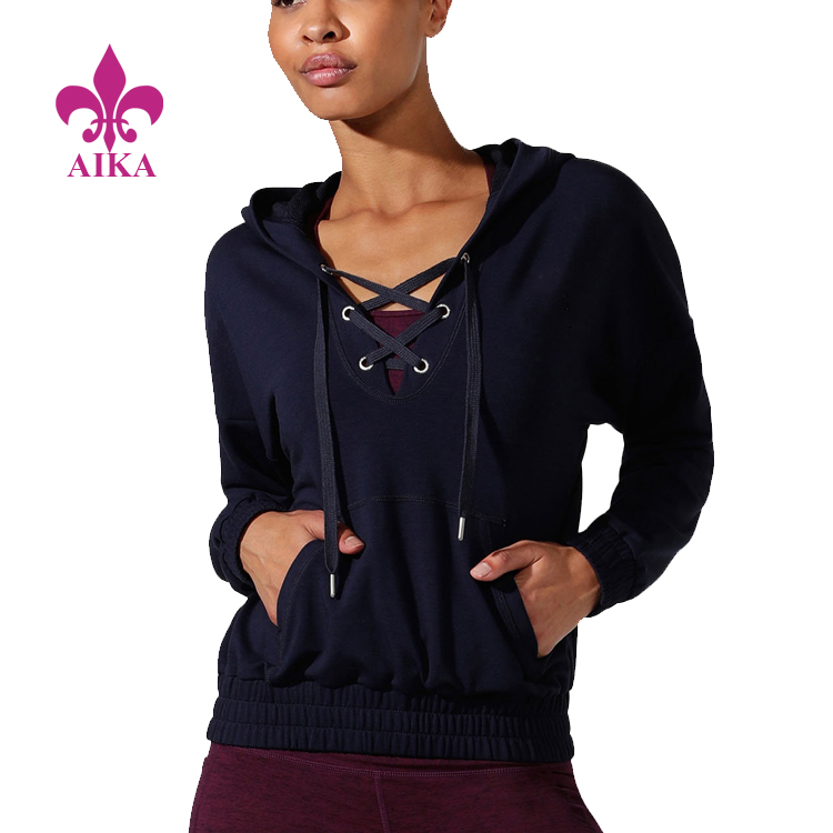 Hoge kwaliteit Custom Lace Up Super Soft Cropped Active Hoodie Women Sports Sweatshirt