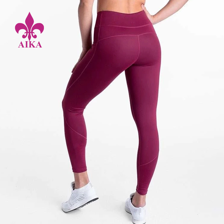 Seluar Ketat Spandex Nylon Warna Polos Bingkap Pinggang Tinggi Dengan Poket Seluar Yoga Kecergasan Wanita