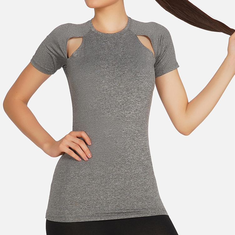 Dodávateľ najkvalitnejšieho oblečenia do telocvične - Polyesterová tkanina Detail lomky Štvorsmerný Stretch Vysoká kvalita Vlastné logo Rýchloschnúce priedušné športové tričko do posilňovne pre ženy – AIKA