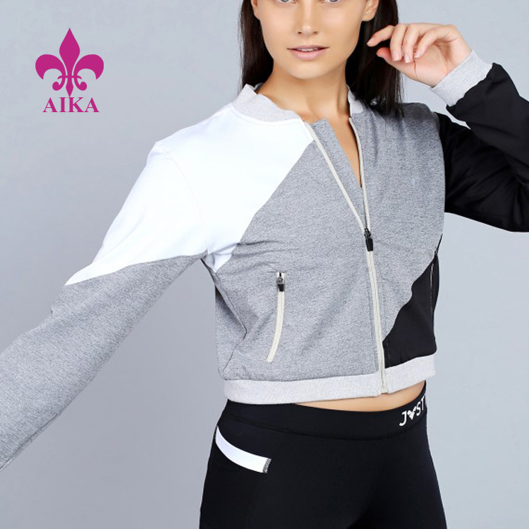 Фабричні рекламні однотонні футболки – Оптові індивідуальні стильні жіночі сексуальні короткі куртки на повну блискавку з блокованими кольорами – AIKA