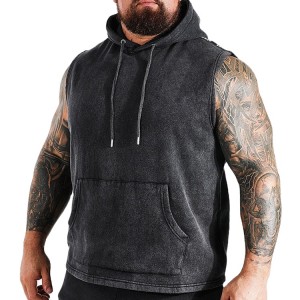 Custom Logo Muscle Vintage Wash ärmlös hoodie för män med känguruficka