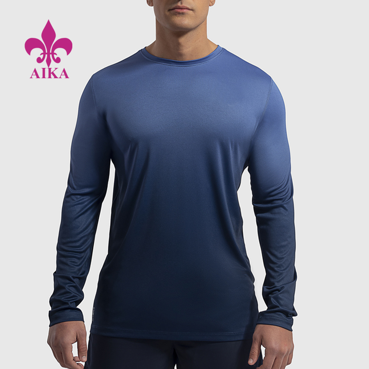 أرخص سعر ملابس رياضية للصالة الرياضية - مخصص بالجملة متدرج اللون لياقة بدنية بأكمام طويلة تي شيرت للرجال - AIKA