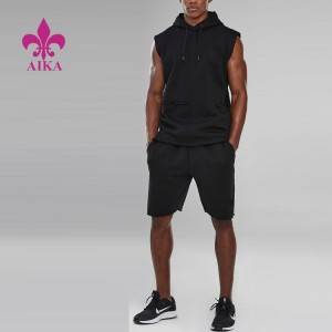Private Label Factory Price Gym Wear Raw Edge Hoody Tank Top & Shorts Mens Tracksuit Set