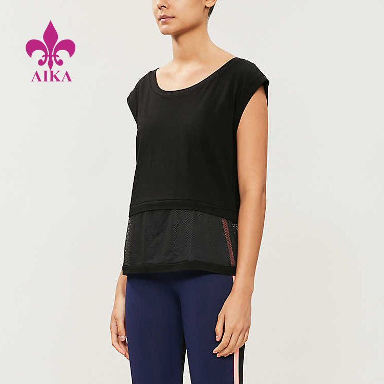Active Wear Yoga Sports Wear Mesh Panel Boxy Fit Cotton Gym Linne för kvinnor