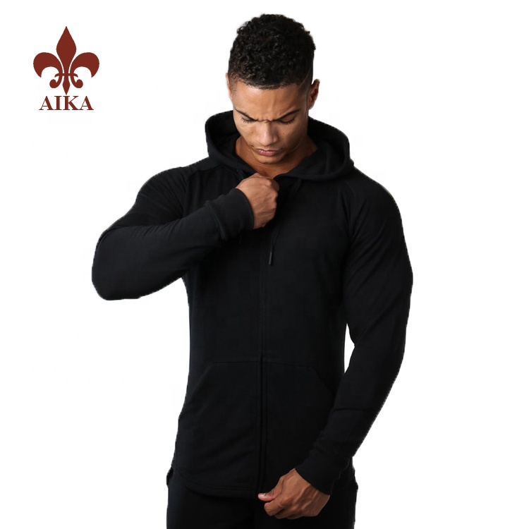 Nhà máy bán buôn Áo khoác quần thể thao – 2019 Bán buôn tùy chỉnh 95% cotton 5% spandex mạnh mẽ hơn áo hoodie tập thể dục màu đen dày vừa vặn cho nam – AIKA
