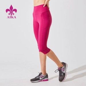 Tinggi Pinggang Keringat Wicking Gym Celana Ketat Lutut Panjang Wanita Pinggang Tinggi Yoga Saku Celana Legging