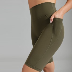 Joustavaa polyesteriä ilman etusaumaa tasku Biker Yoga Shortsit mukautettu logo naisille