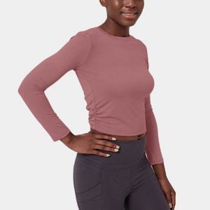 Engros OEM Custom Sweat – Transporterende firevejs stretch almindelig udhulet langærmet beskæring T-shirt Gymnastiktøj til kvinder