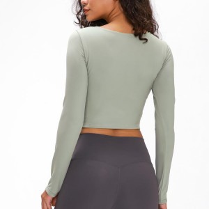 Grousshandel Fashion Gym Basic Design Fraen Sexy Front Cut Out Crop Tops Long Sleeve Yoga T Shirts