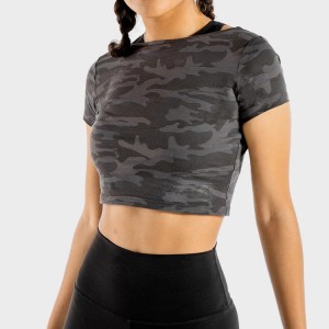 Custom Fitness Gym Shorts Sleeve Camouflage Workout Crop T-shirts voor dames