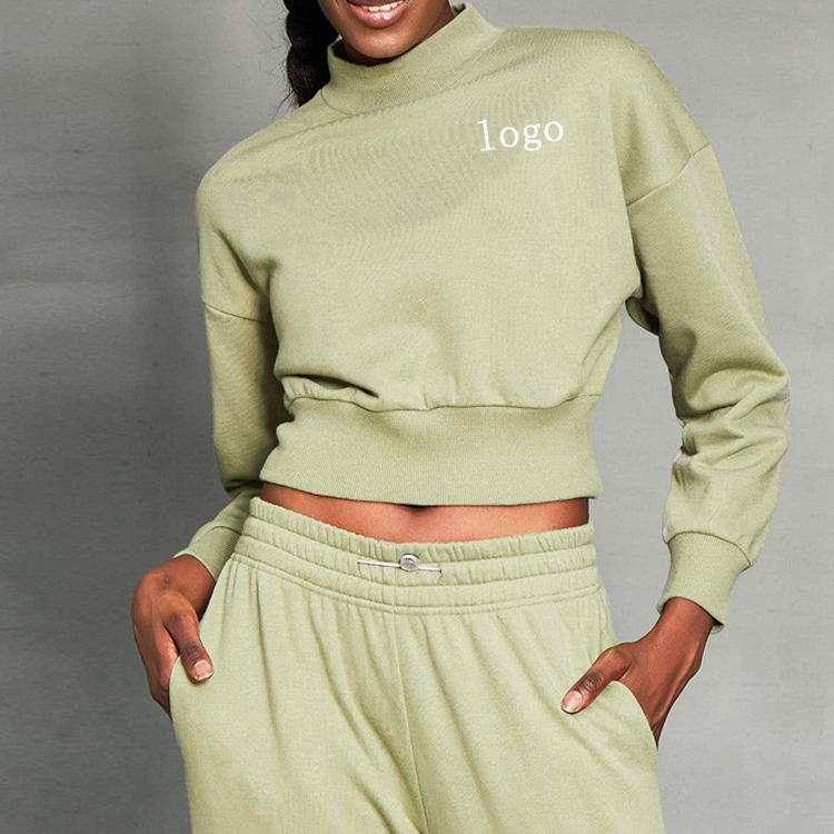 Hög kvalitet för yogabyxor för kvinnor - Partihandel Streetwear Custom Logo Turtleneck Dam Cotton Essential Cropped Sweatshirts – AIKA