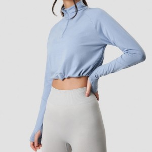 Tilpasset kvart glidelås tommelhull Langermet Gym Crop Top Fitness T-skjorte for kvinner