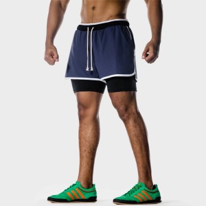 Fabrieksprijs Four Way Stretch Trekkoord Taille 2 IN 1 Gym Athletic Shorts voor heren