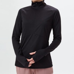 Custom Quick Dry Polyester Quarter Zipper Women Gym Långärmade T-shirts med tumhål