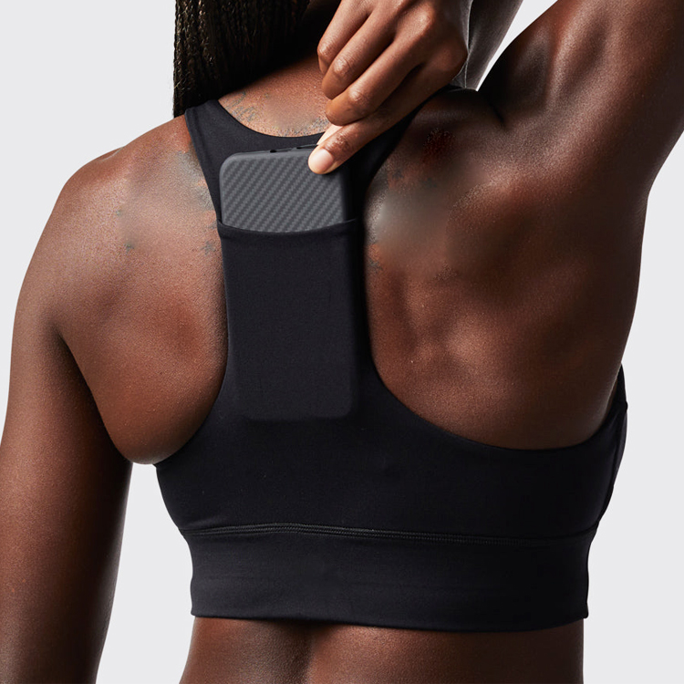 Висококачествен спортен сутиен за йога с джоб за телефон отзад с набраздени ребра за жени, детайлни снимки