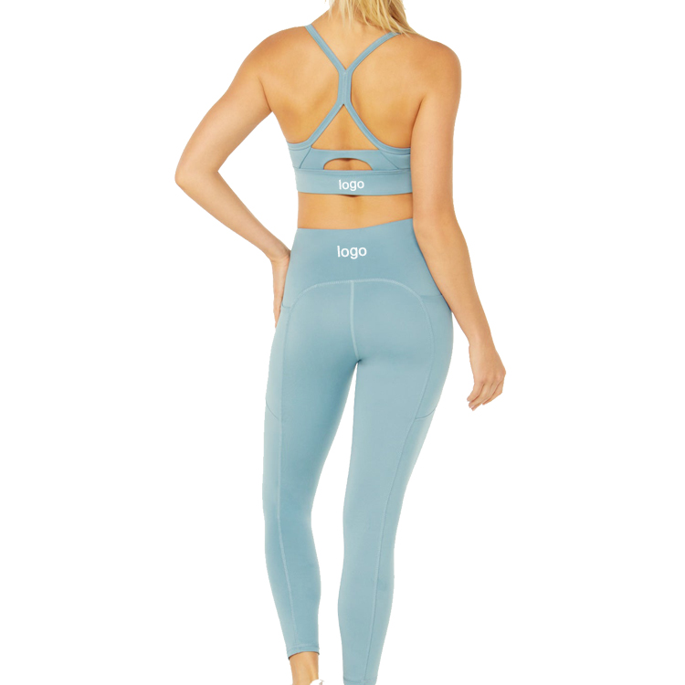 Veleprodajno prilagođeno atletsko fitness dvodijelno odijelo za vježbanje u teretani, žensko odijelo za jogu s naramenicama s džepovima