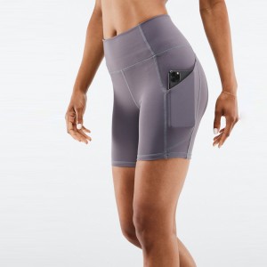 Shorts de ioga feminino de compressão para academia de ginástica com cintura alta bolso lateral