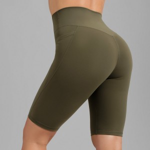 Pantaloncini da yoga per motociclisti da tasca con cuciture frontali in poliestere ad alta elasticità Logo personalizzato per le donne
