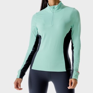 Hög kvalitet Color Block Polyester Front Quarter Zipper Women Fitness T-Shirt Custom Printing