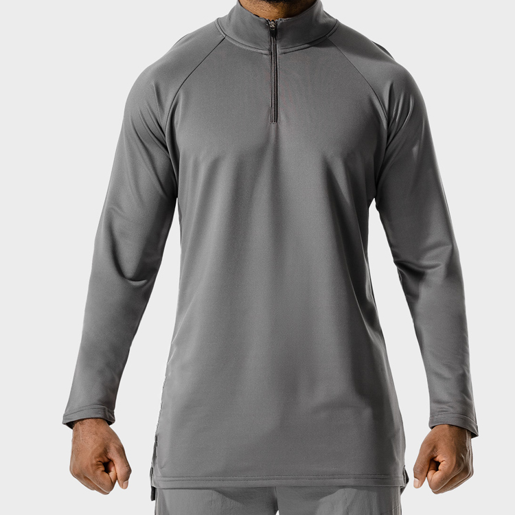 High Quality Quick Dry Polyester Quarter Zipper Long Sleeve Gym Plain T Shirts For Men detail pictures