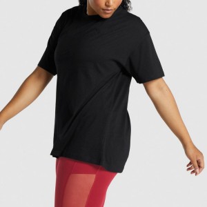 Camisas femininas pretas para treino esportivo 100% algodão gola redonda tamanho grande para academia