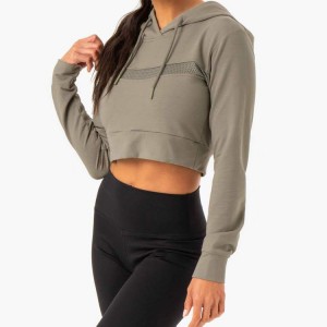 Bestverkopende sportkleding katoen polyester aangepaste dames mesh paneel crop hoodies sweatshirt voor dames