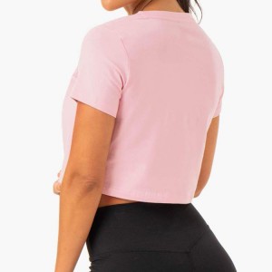 Ropa de ximnasia de ioga con panel de malla OEM de alta calidade, Top corto de manga curta, camisetas rosas lisas para mulleres