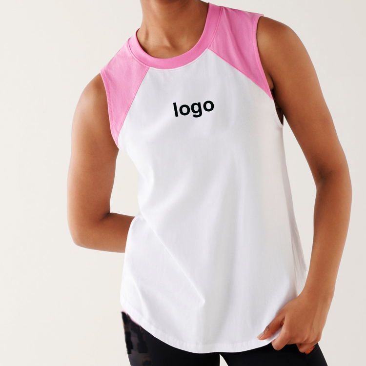 Kontraktne barve Gym brezrokavnik Visokokakovostne ohlapne aktivne majice iz bombaža Predstavljena slika