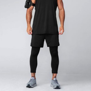 Qalîteya Bilind Zêrîn Drawstring Drawstring Kevir Custom Black 2 IN 1 Gym Shorts Leggings For Men