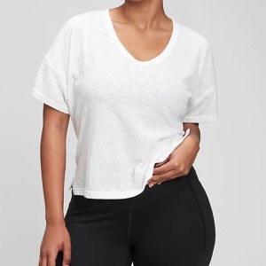 Atacado Camisetas Simples de Ajuste Solto com Impressão Personalizada Decote em V Cropped Camisetas Ioga para Ginástica Feminina