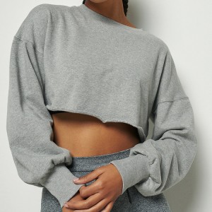 Drop Shoulder Raw Hem 100% Cotton Oversized Crop Plain Sweatshirts For Women